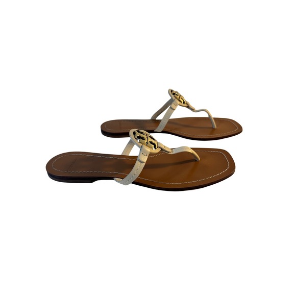 Tory Burch Mini Miller Leather Thong Sandals Size 8M Dulce De Leche Metal Logo - Picture 3 of 12